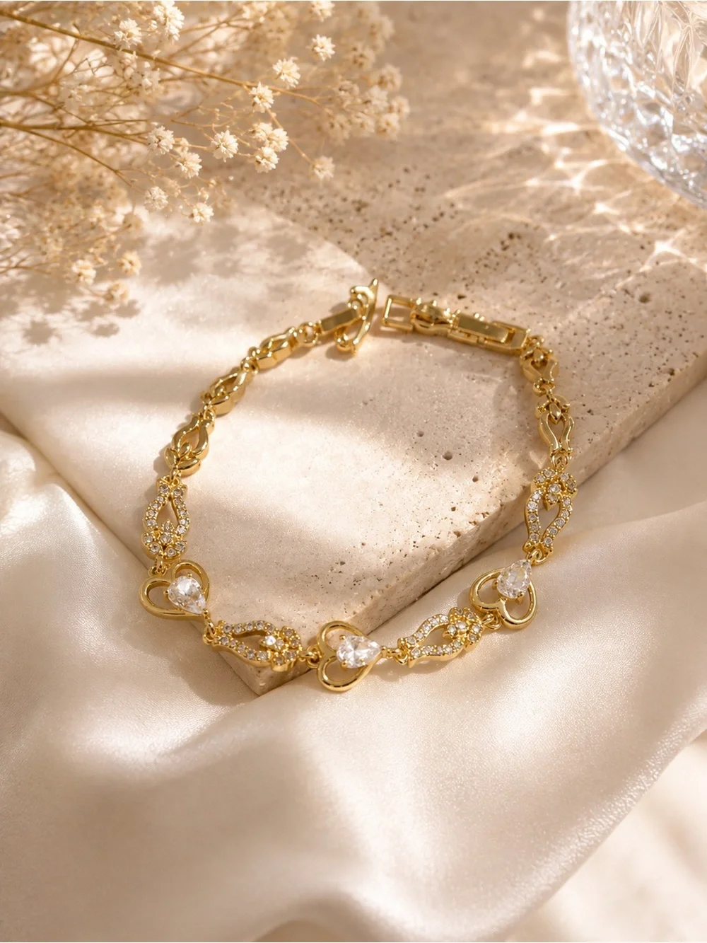Brazilian Gold Heart & Teardrop CZ Bracelet- Elegant Sparkling Jewerly